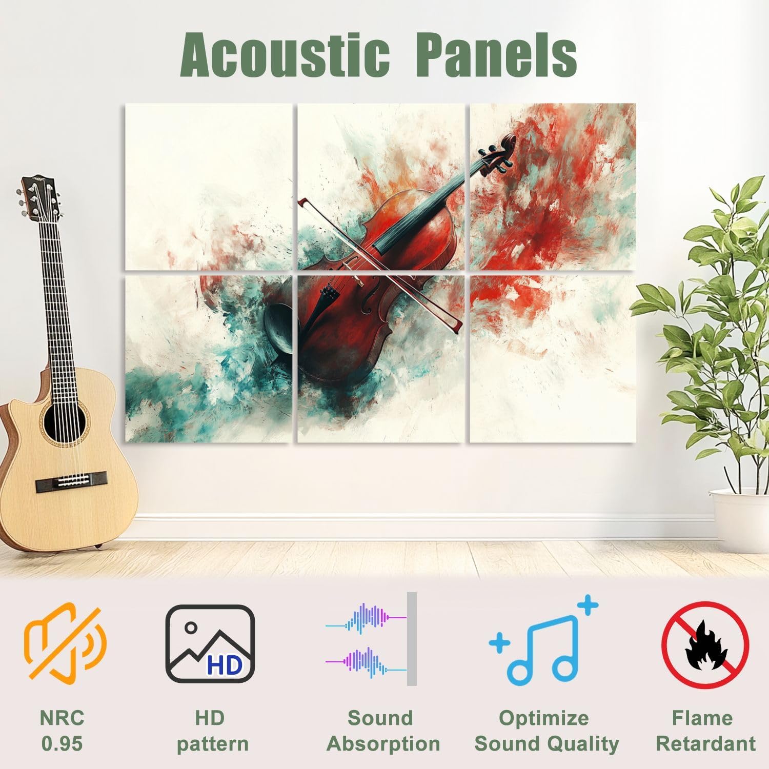 6 Pack Art Acoustic Panels Sound Absorbing Music Graffiti Poster Cello Instrument Colorful Studio Musical Violin Decorative Soundproof Wall Panels Self Adhesive for Recording Studios Office 72