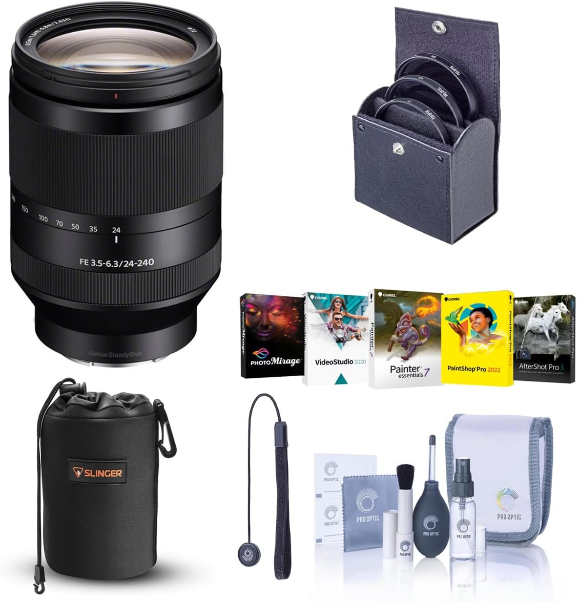 Sony FE 24-240mm f/3.5-6.3 OSS Lens for Sony E, Bundle with ProOptic 72mm UV Filter, Lens Pouch, Cleaning Kit, Cap Tether, PC Software Kit