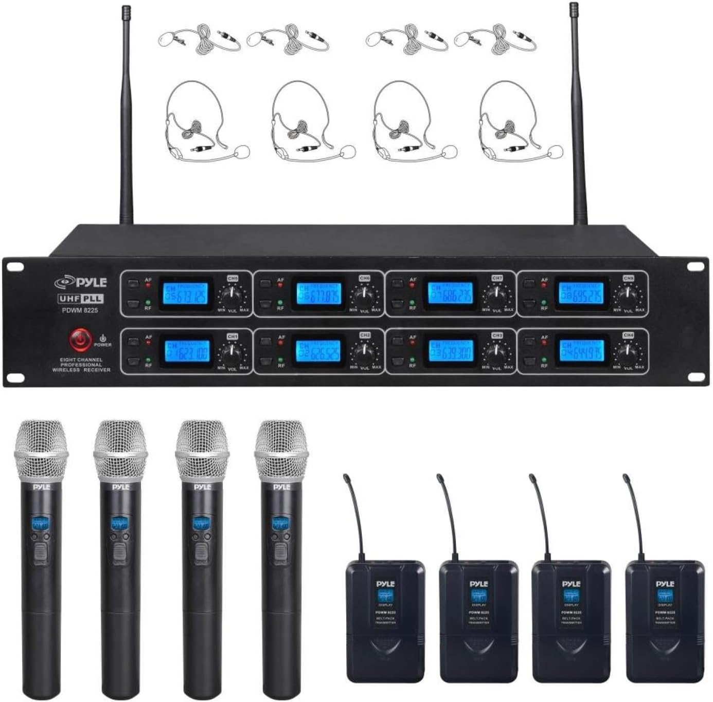 Pyle Professional 8 Channel UHF Wireless Microphone & Receiver System 4 Handheld Mics Belt Packs Transmitters Headsets &Lavalier Lapel Mics RF&AF Radio/Audio Frequency Digital Display(PDWM8225),Black
