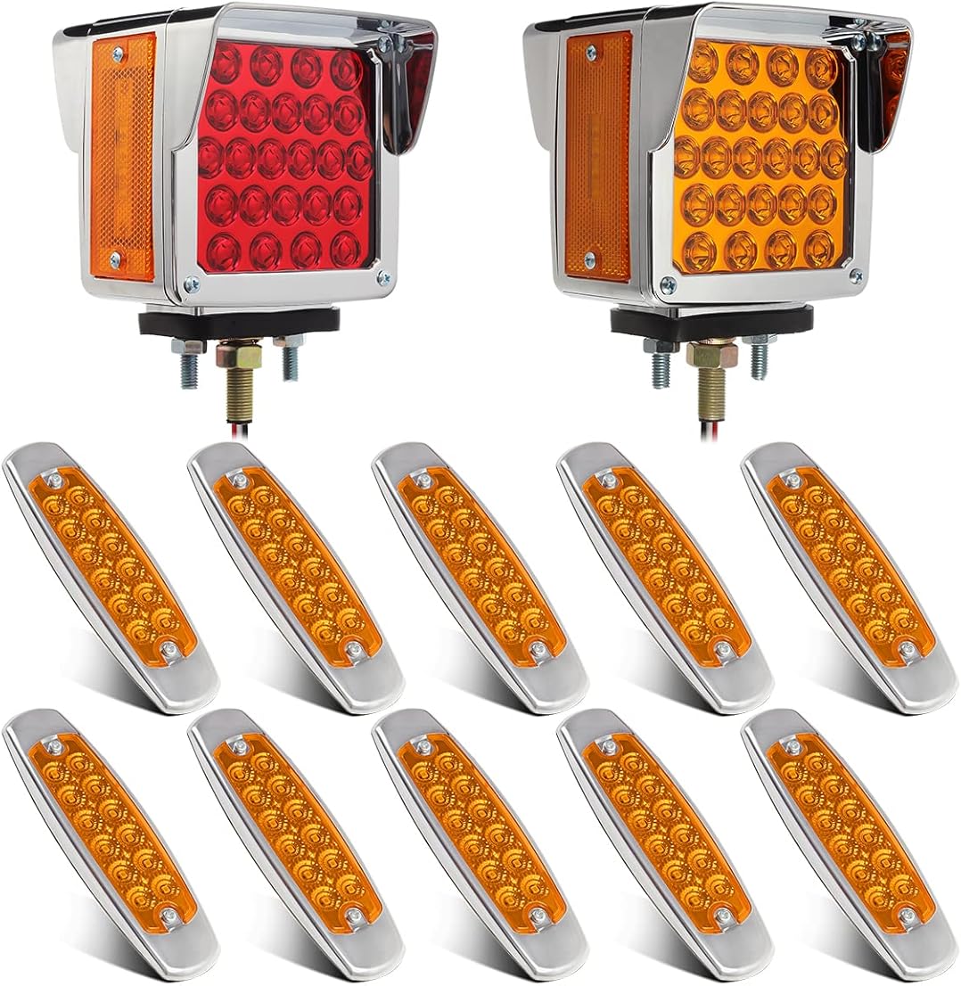 Partsam Pair Truck Trailer 52 LED Red/Amber Square Double Face Pedestal Fender Stop Turn Tail Lights Three Stud Mount Bezel Visor+10x 6.2 LED Marker Clearance Light 12LED Pigtail Amber Trailer Lights
