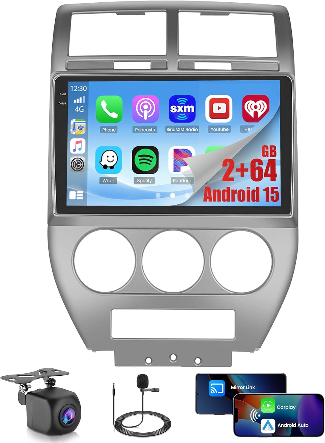 2+64GB Android 15 Car Stereo for Jeep Compass Patriot 2007 2008 2009 Wireless CarPlay Android Auto, 10.1 Inch Touch Screen Radio with WiFi GPS Bluetooth EQ 26UI FM/RDS Backup Camera