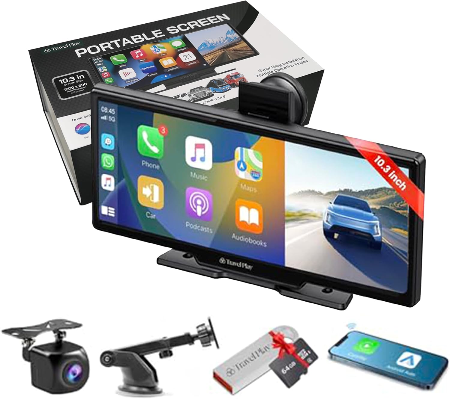 10.3''Touch Screen Wireless Portable Car Stereo Accessories Carplay/Android Auto,Front and Rear Camera, GPS Navigation/MirrorLink/Radio/FM/Bluetooth, 64gb Tf Card/2.0 USB - 2024 Release