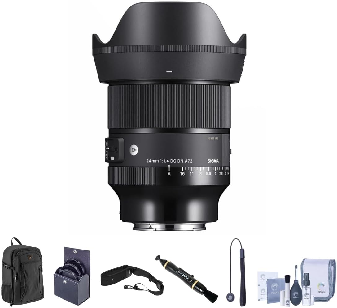 Sigma 24mm f/1.4 DG DN Art Lens for Sony E Bundle with Backpack, Strap, 72mm Filter Kit, Lens Cleaner, Cleaning Kit, Lens Cap Tether