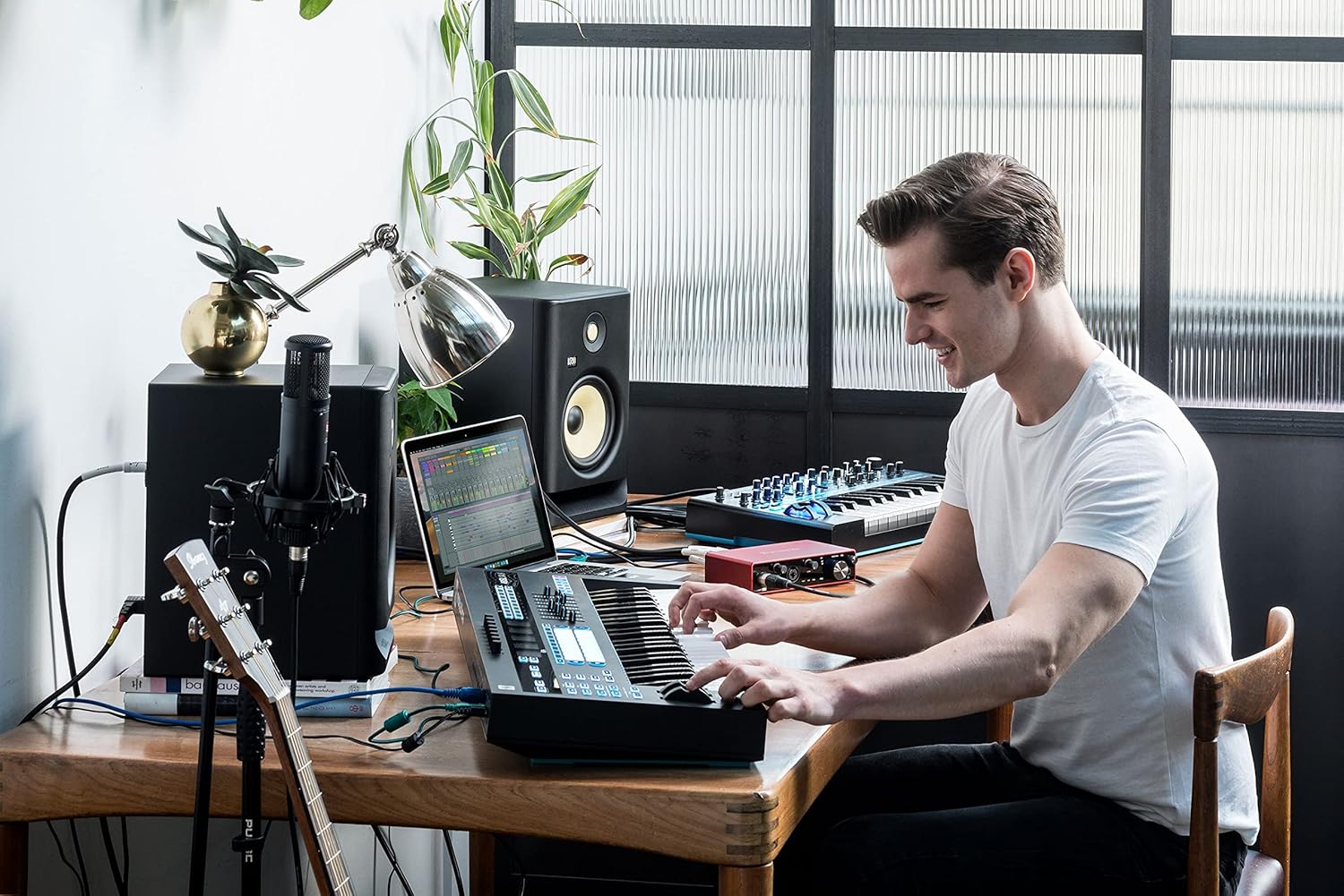 Focusrite Scarlett 4i4 USB-C Audio Interface Studio Bundle with Mackie CR3-X Monitors Condenser Microphone Headphones Boom Stand Pop Filter XLR and TRS Cables and Production Software