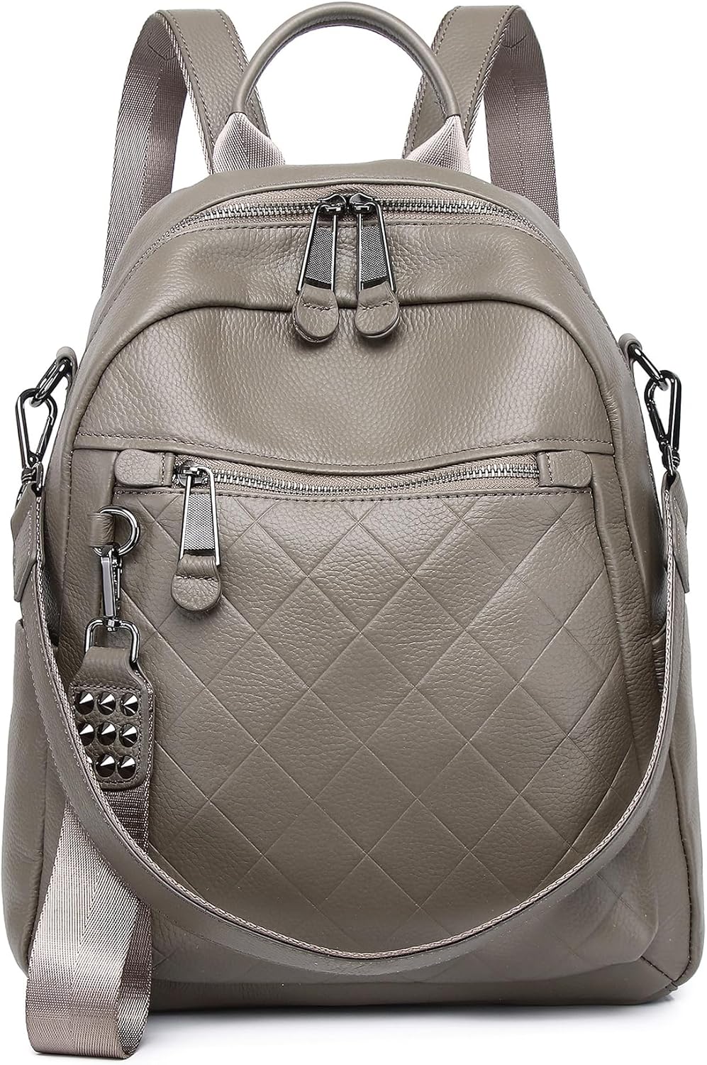 Genuine Leather Backpack Purse For Women Grey Quilted Real Soft Leather Fashion Designer Convertible Ladies Shoulder Bag