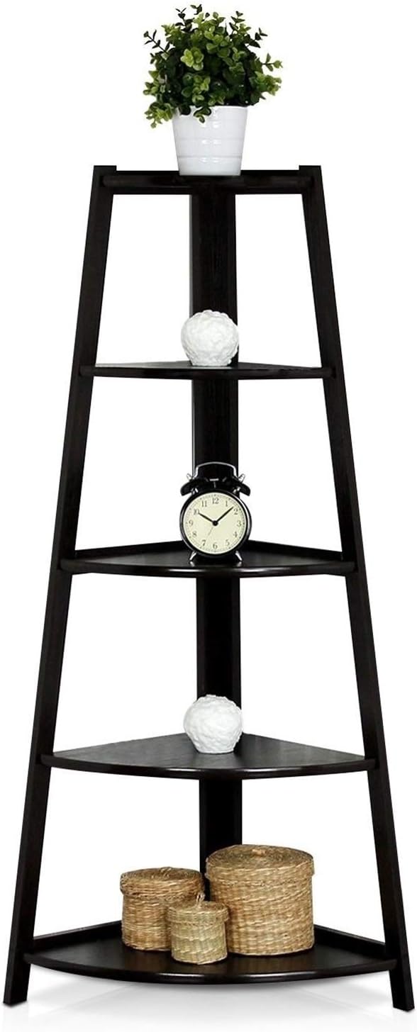 5 Tier Black Corner Shelf Stand, Wood Corner Bookshelf Rack, Indoor Plants Shelves, Organization and Storage Small Shelves for Bedroom, Living Room, Kitchen, Office