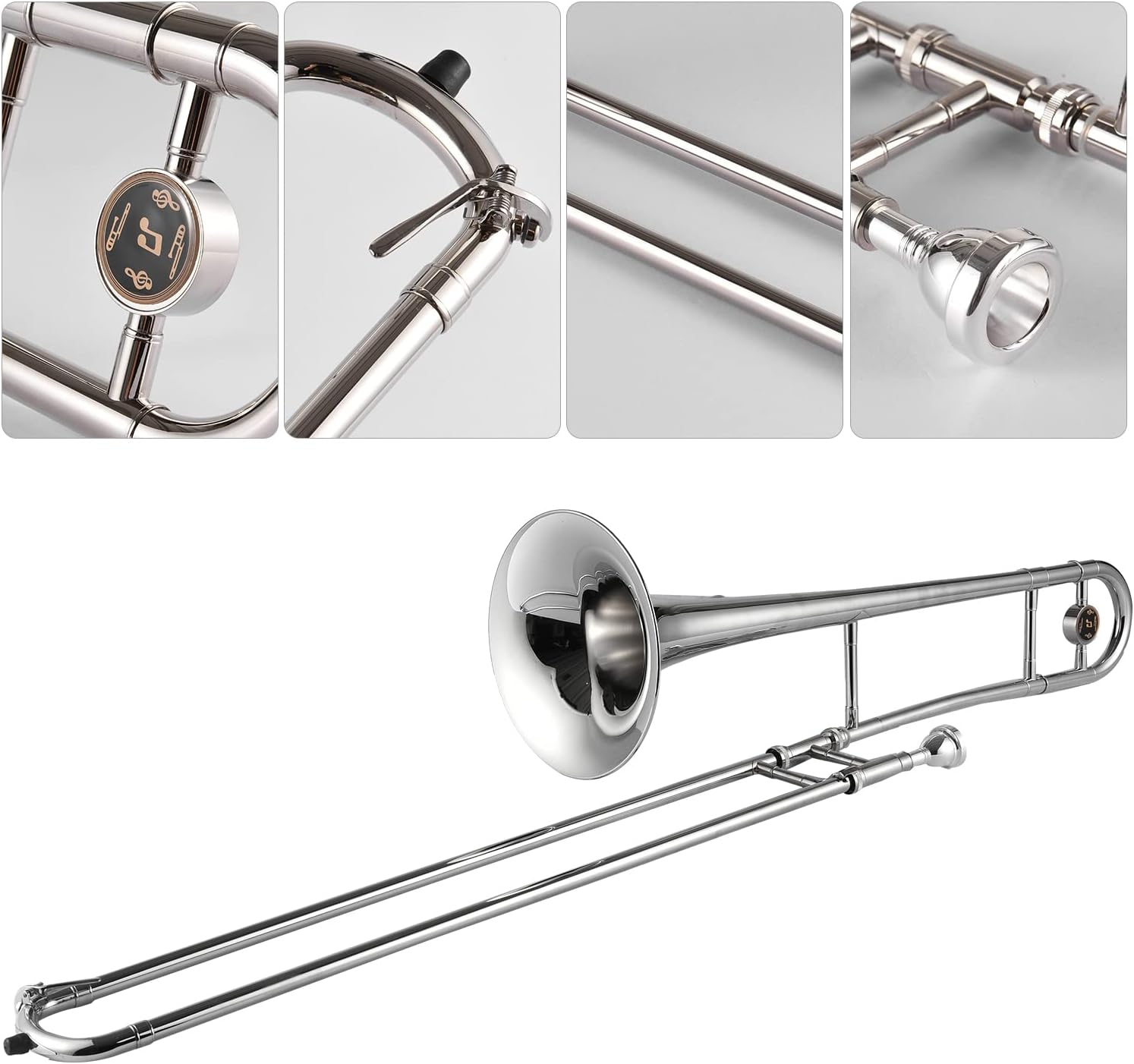 Trumpet Alto Trombone Brass Bb Tone B Flat Woodwind Instrument with Cupronickel Mouthpiece Cleaning Stick Case (Silver) (silver)