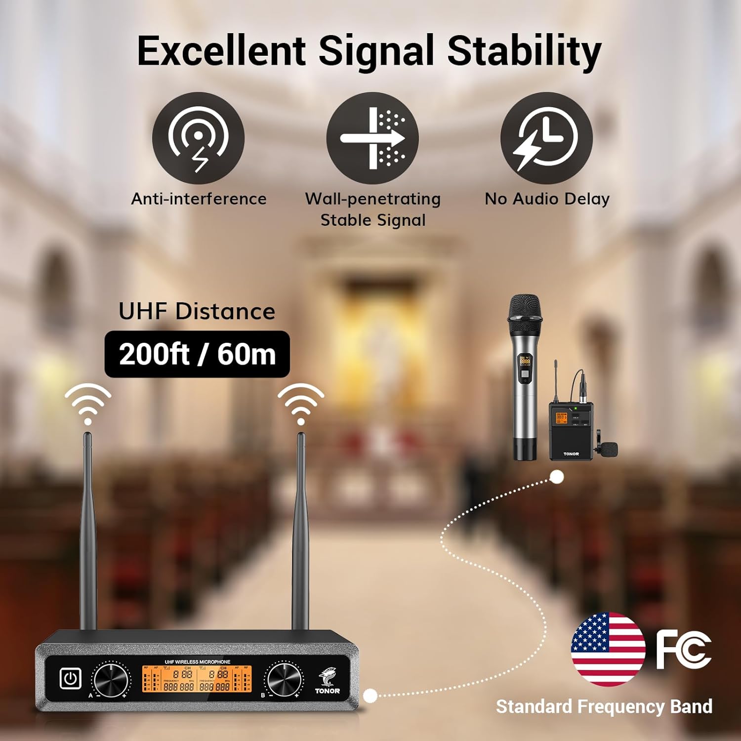 TONOR Wireless Microphones System with Metal UHF Headset/Lapel/Lavalier/HandheldMics, Cordless Bodypack Transmitter, Receiver for Karaoke Church Singing Party PA DJ Speaker, 2*15 Channels 200ft Range