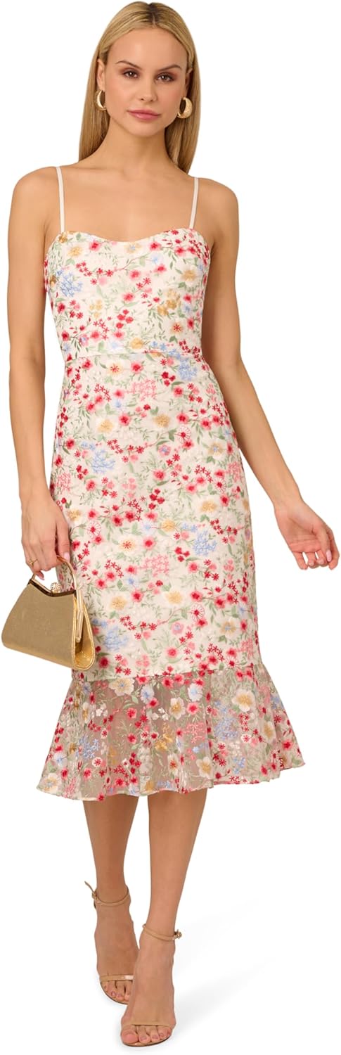 Adrianna Papell Womens Embroidered Mesh Midi Dress