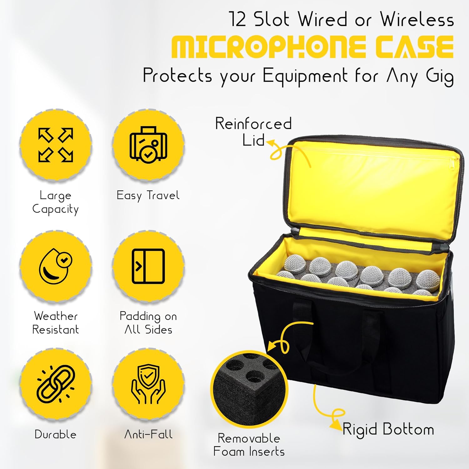 Loudmouth 12 Slot Microphone Case with Foam | Rugged Padded Bag For Wired and Wireless Mics | 16