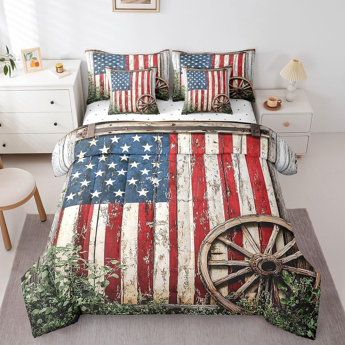 United States Flag Duvet Cover July Fourth Comforter Set with Sheets Antique Cart Wheels 7 Piece Bedding Set Queen Size, Red Blue Stars and Stripes Room Decor, Vintage Countryside Wood Board Bed Set