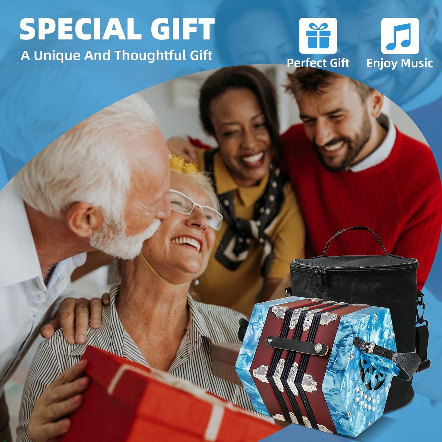 Concertinas,20-key accordion for adults, professional accordion for beginners, adjustable hand straps, instrument accessories (BULE-1)