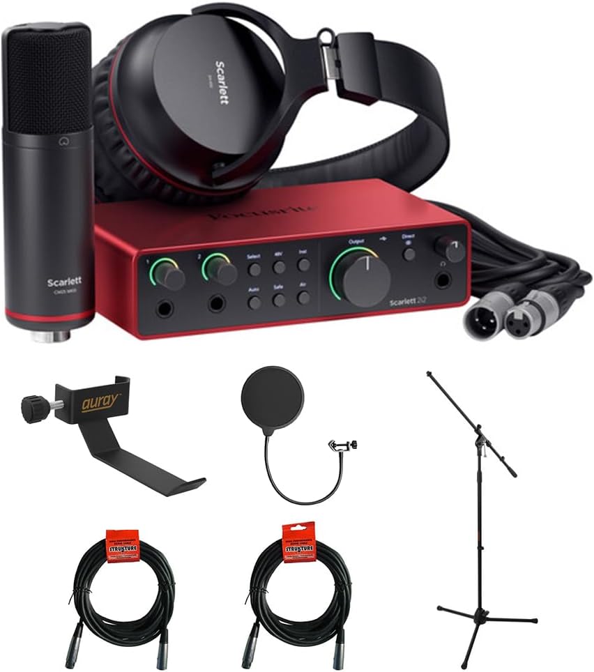 Focusrite Scarlett 2i2 Studio USB-C Audio Interface (4th Generation) with Condenser Microphone and Headphones Bundle with Tripod Mic Stand + Boom, Headphone Holder, Pop Filter & 2x XLR Cable
