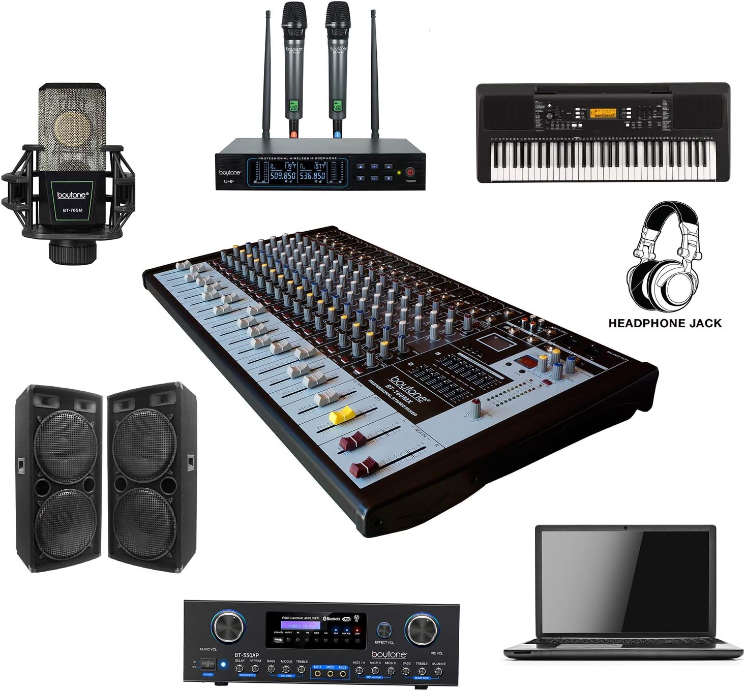 Boytone 12-Channel Professional Bluetooth Audio Mixer, PC Recording, 16 DSP Effects, 48V Phantom Power, 11 Mic Jack, DJ Stereo Input Soundboard Studio Controller, 14 Band EQ, RCA, Unpowered (BT-122MX)