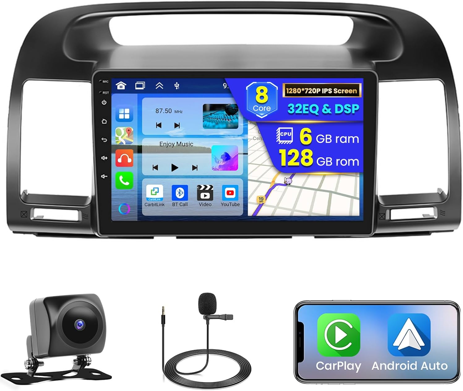 8 core 6+128GB Android 15 Car Stereo for Toyota Camry 2001-2006 Wireless Carplay Android Auto, 9'' Touch Screen Car Radio GPS WiFi, Bluetooth SWC Mic Backup Camera Mirror Link