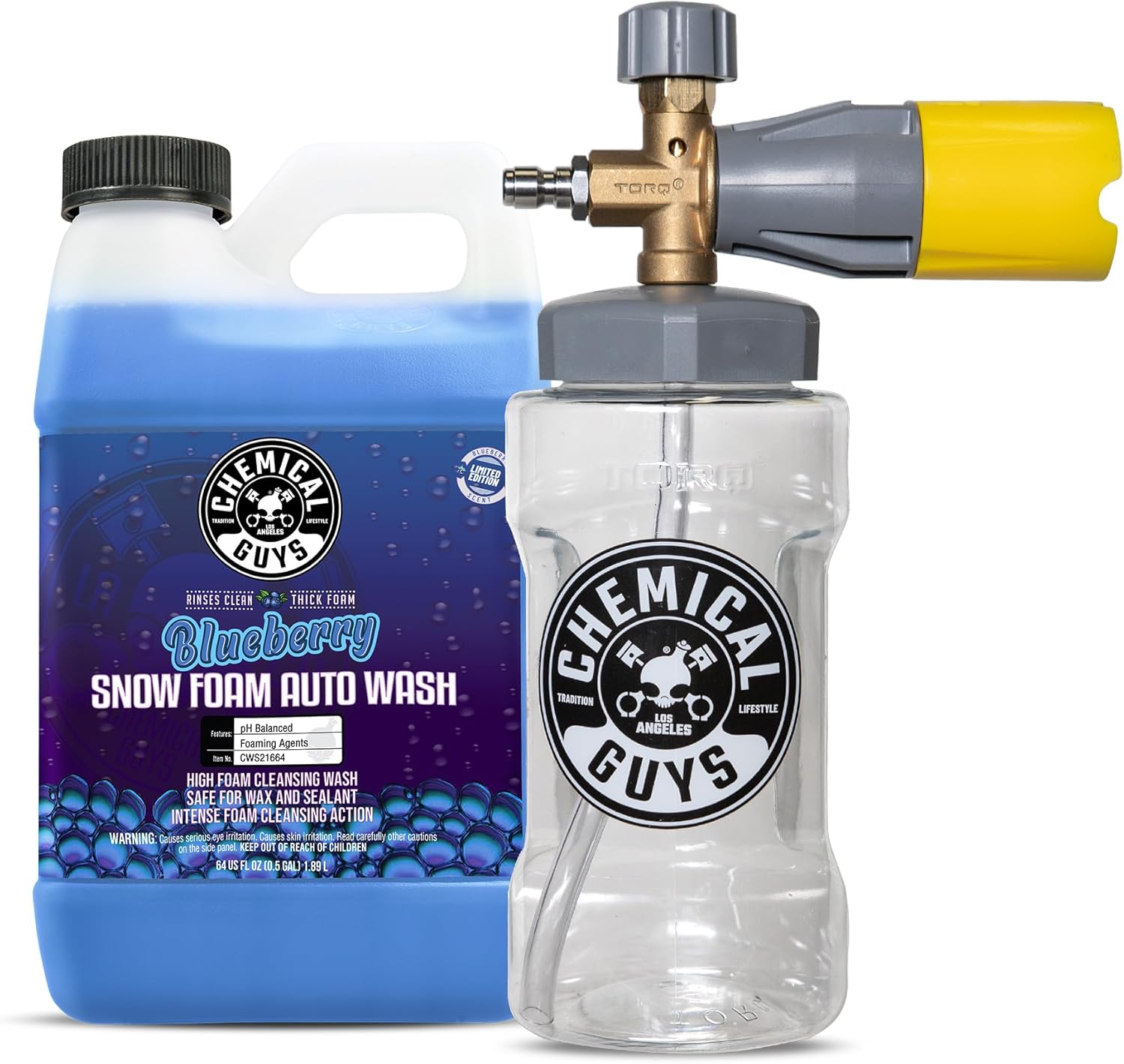 Chemical Guys Big Mouth Max Release Foam Cannon and Blueberry Snow Foam Car Wash Soap, 64 fl oz - Car, Truck, SUV, RV & Boat Wash, Soap Cannon for Pressure Washer, 34 oz Bottle - 2 Items