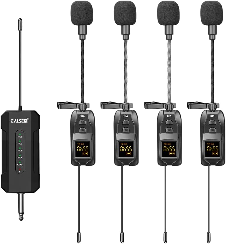 ES-384 4-CH UHF Wireless Lapel Microphone System - 164ft Range, Rechargeable Receiver, Plug-and-Play for Presentations - 4 Lapel Mics Included