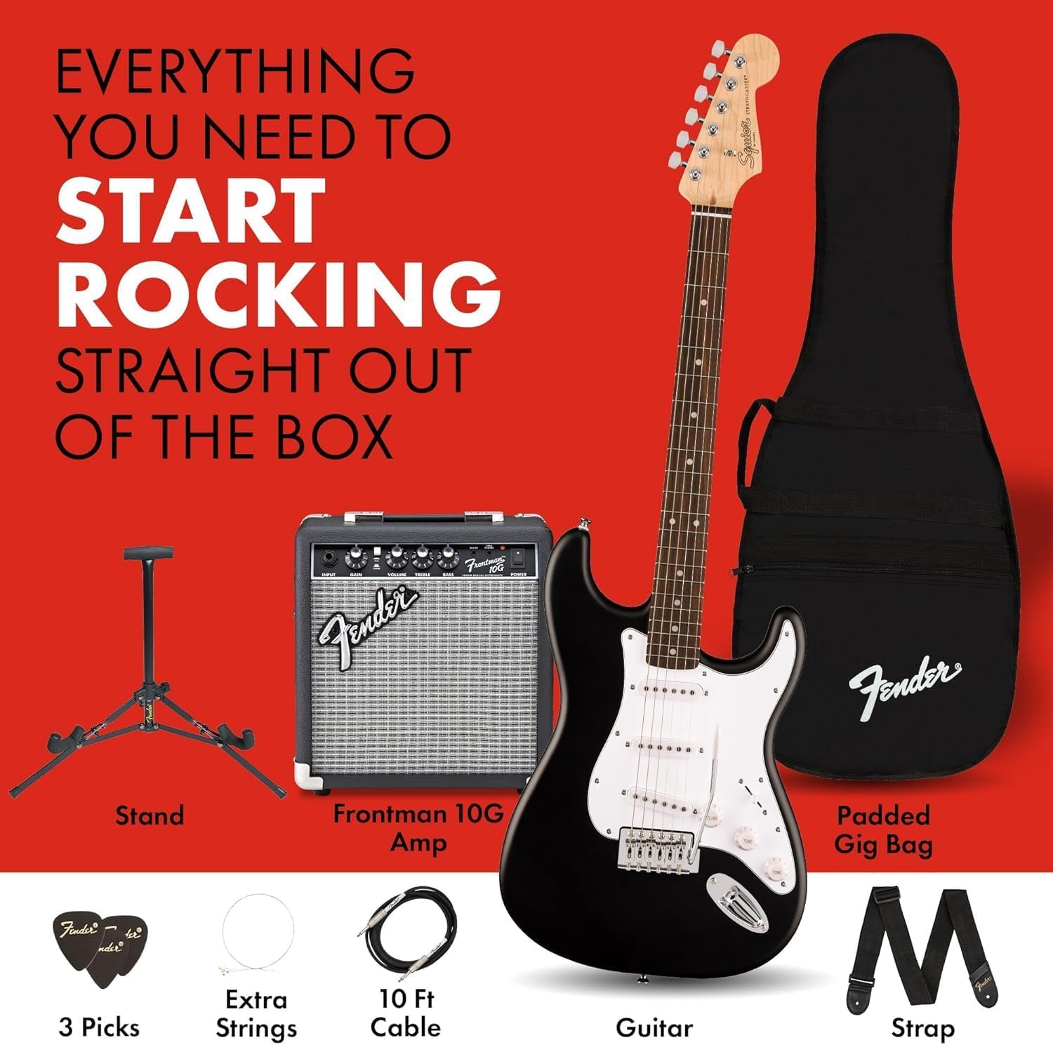 Fender Squier Debut Series Stratocaster Electric Guitar Kit, Beginner Guitar Kit, with 2-Year Warranty, with Padded Gig Bag, Frontman 10G Amp, Guitar Strap, and More, Includes Free Lessons, Black