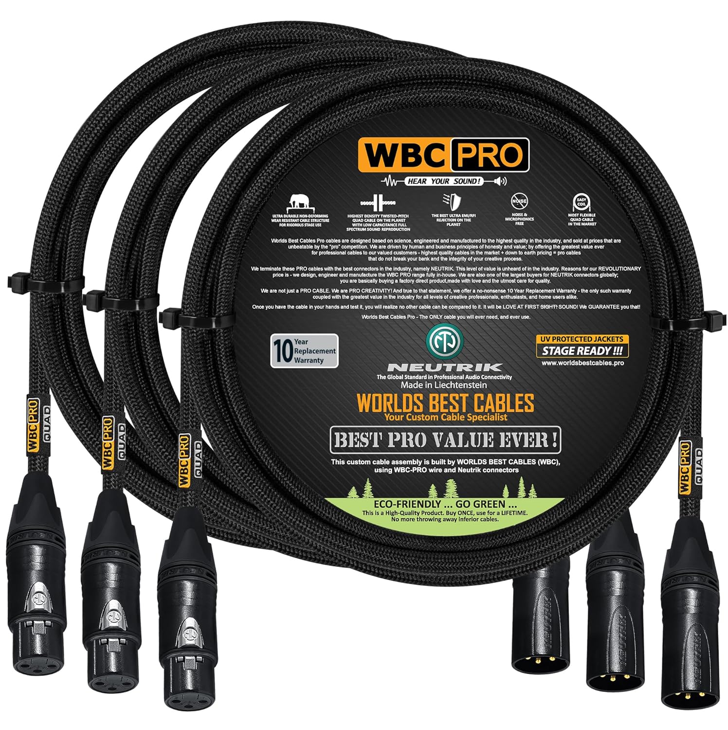 3 Units - 5 Foot - WBC-PRO-Quad Ultra-Silent Ultra-Flexible Balanced Star-Quad Cable with Neutrik Male & Female XLR Plugs & Black Tweed Jacket