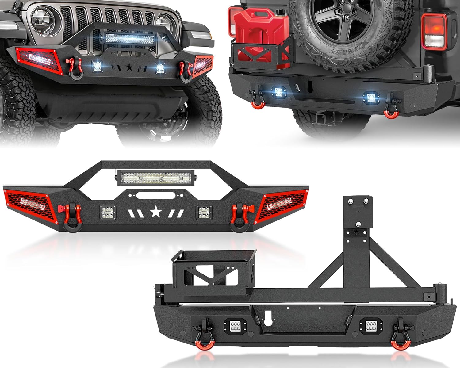 for JT Front and Rear Bumpers with Tire Carrier & Oil Drum Rack Compatible with 2020-2026 Jeep Gladiator JT w/Winch Plate, LED Lights, Paintable Armor, Sensor Holes, License Plate Frame, D-rings