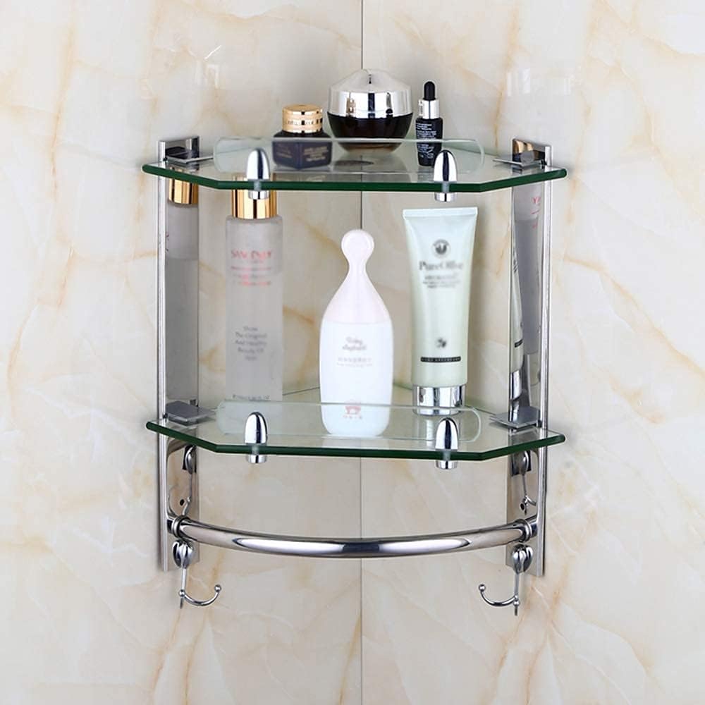 Kitchen Shelf Creative Bathroom Lavatory Double Glass Wall Mount Towel Bar Rustproof Stainless Steel Storage Corner Stand Shower Caddy 2 Tier Bath Organizer Holder with 4 Hooks