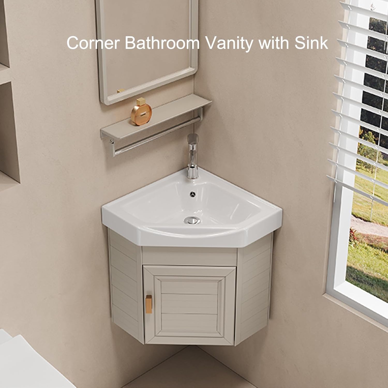 Corner Bathroom Vanity Cabinet with Sink, Corner Ceramic Sink Corner Bathroom Vanity, Corner Wall Mount Vanity Sink with Metal Handle, for Bathrooms, Laundry Room, Balcony,One Color,48cm/18.9
