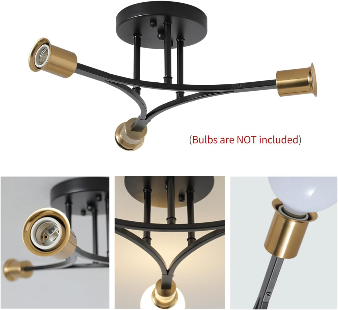 3-Lights Modern Sputnik Semi Flush Mount Ceiling Light Fixture Black and Gold,Mid Centur Sputnik Chandelier for Entryway,Hallway,Bedroom,Kitchen,Dining Room,Living Room(Bulbs Not Included)