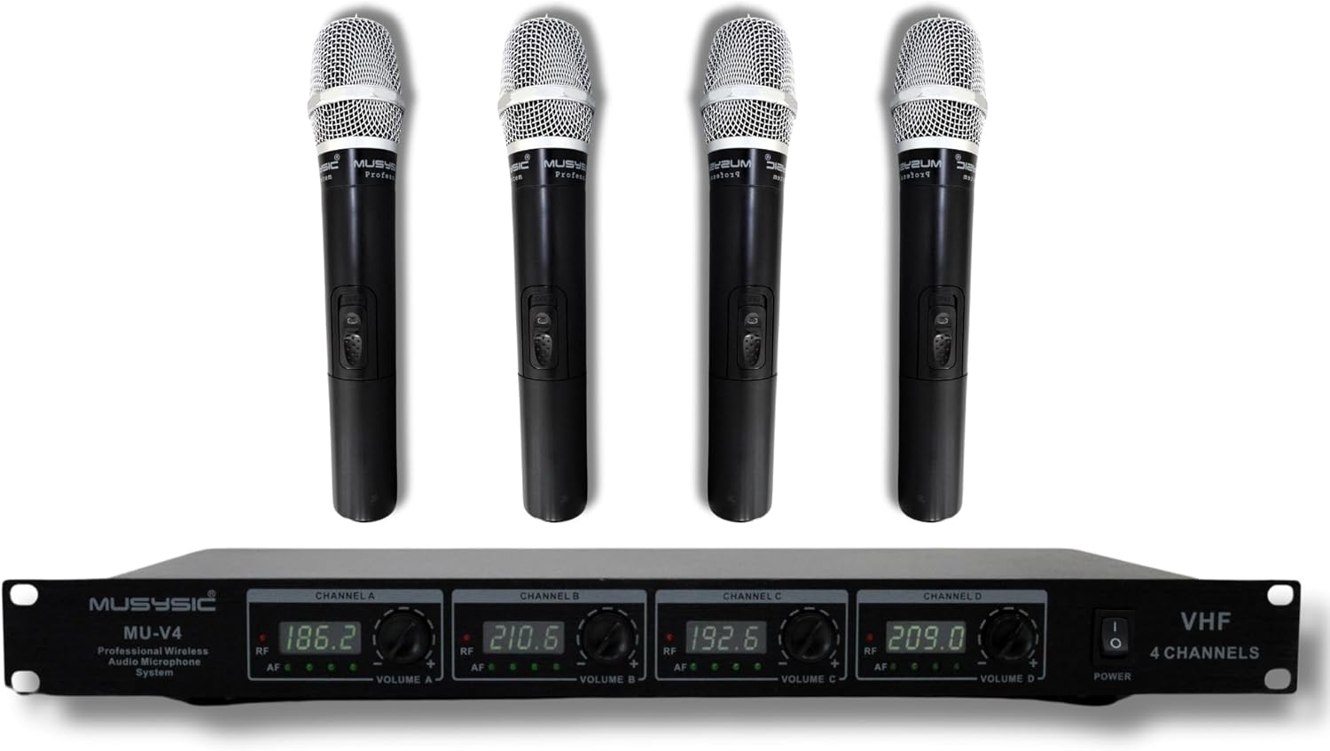 MUSYSIC 4-Channel Professional VHF Handheld Wireless Microphone System Metal Receiver, Long Range for Church, Wedding, Party, Meeting, Party, Karaoke