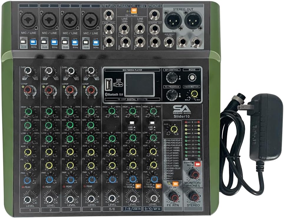 Seismic Audio - Slider10-10 Channel Mixer Console with Bluetooth, USB and Effects