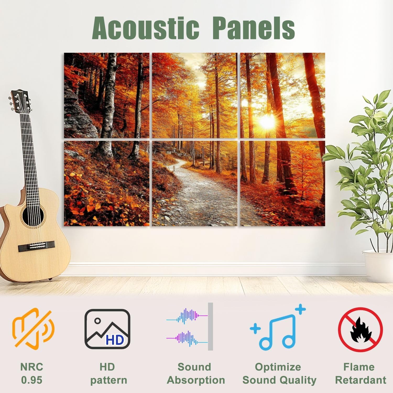 6 Pack Art Acoustic Panels Sound Absorbing Forest Autumn Fall Tree Leaves Sunset Tall Trees Birch Photographic Decorative Soundproof Wall Panels Self Adhesive for Recording Studios Office 72