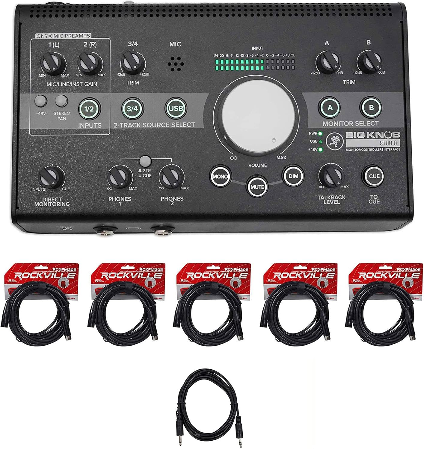 Audiosavings Bundle: Mackie Big Knob Studio Monitor Controller Bundle with (5) Rockville RCXFM20E-B 20 Ft. Female to Male XLR Mic Cable & Rockville TS1223 6 Ft. 3.5MM to 3.5MM Aux Cable (7 Items)