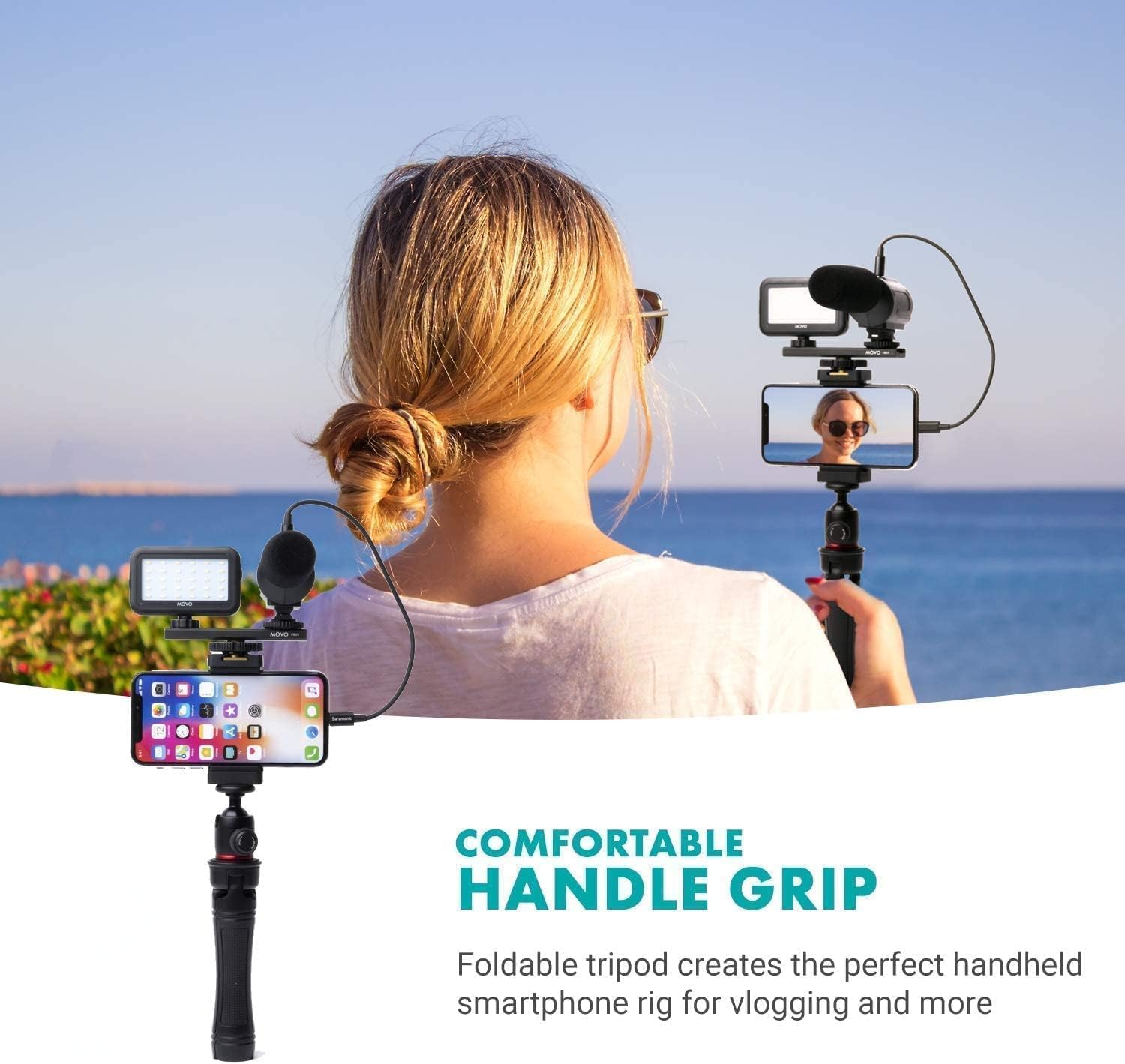 Movo iVlogger Vlogging Kit for iPhone with Fullsize Tripod - Lightning Compatible YouTube Starter Kit for Content Creators - Accessories: Tripods, Phone Mount, LED Light and Shotgun Mic
