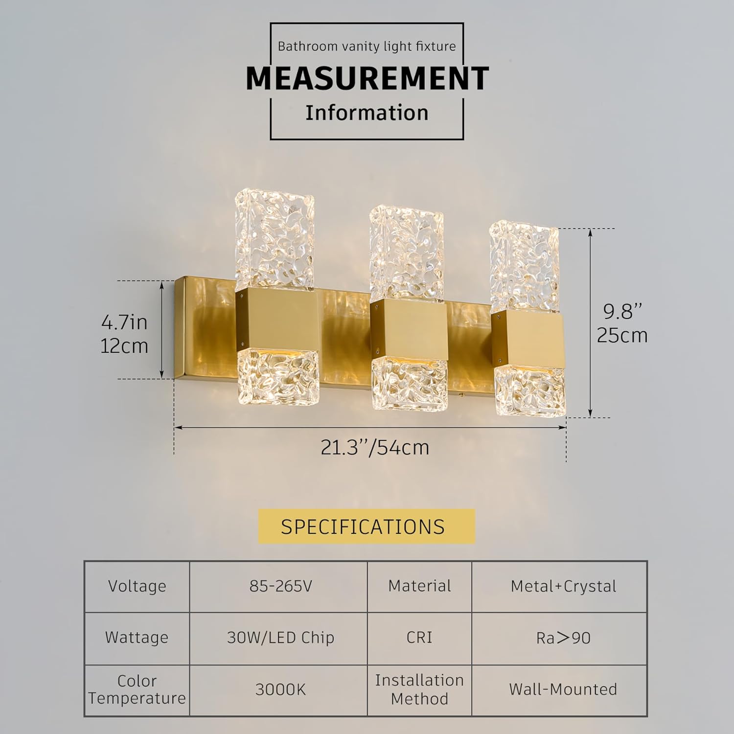 Gold Bathroom Vanity Lights Fixtures Over Mirror LED Crystal Modern 3 Light Brushed Stainless Steel Wall Mount Light for Bathroom Lighting Fixtures 3000K 30Watts Warm Light
