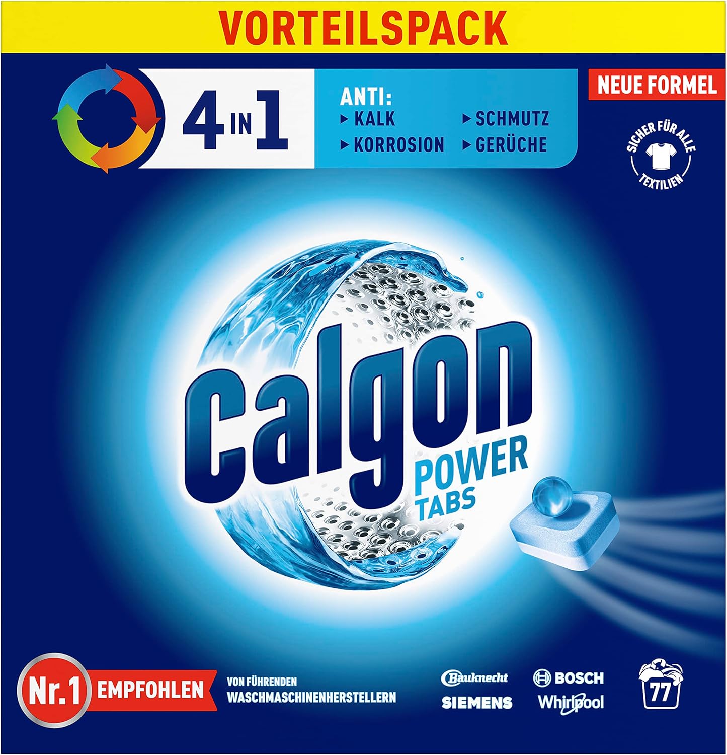 Calgon 4-in-1 Power Tabs - 77 Tabs | Water Softener Tablets for Washing Machines | Reduces Limescale Build-Up, Minimizes Residue | Helps Maintain Clean Drum and Fresh Laundry