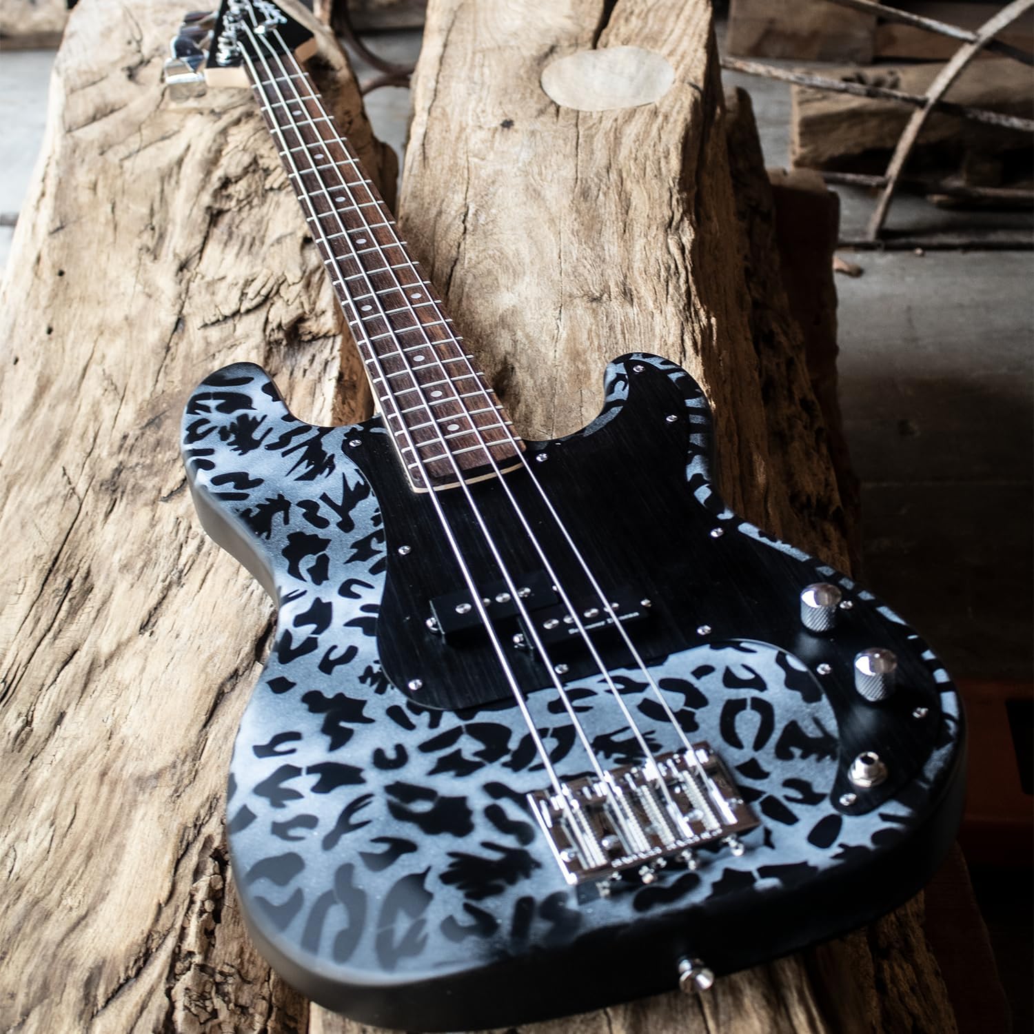 Sawtooth Johnny Martin Black and White Signature Leopard Skin Electric Bass Guitar w Padded Gig Bag