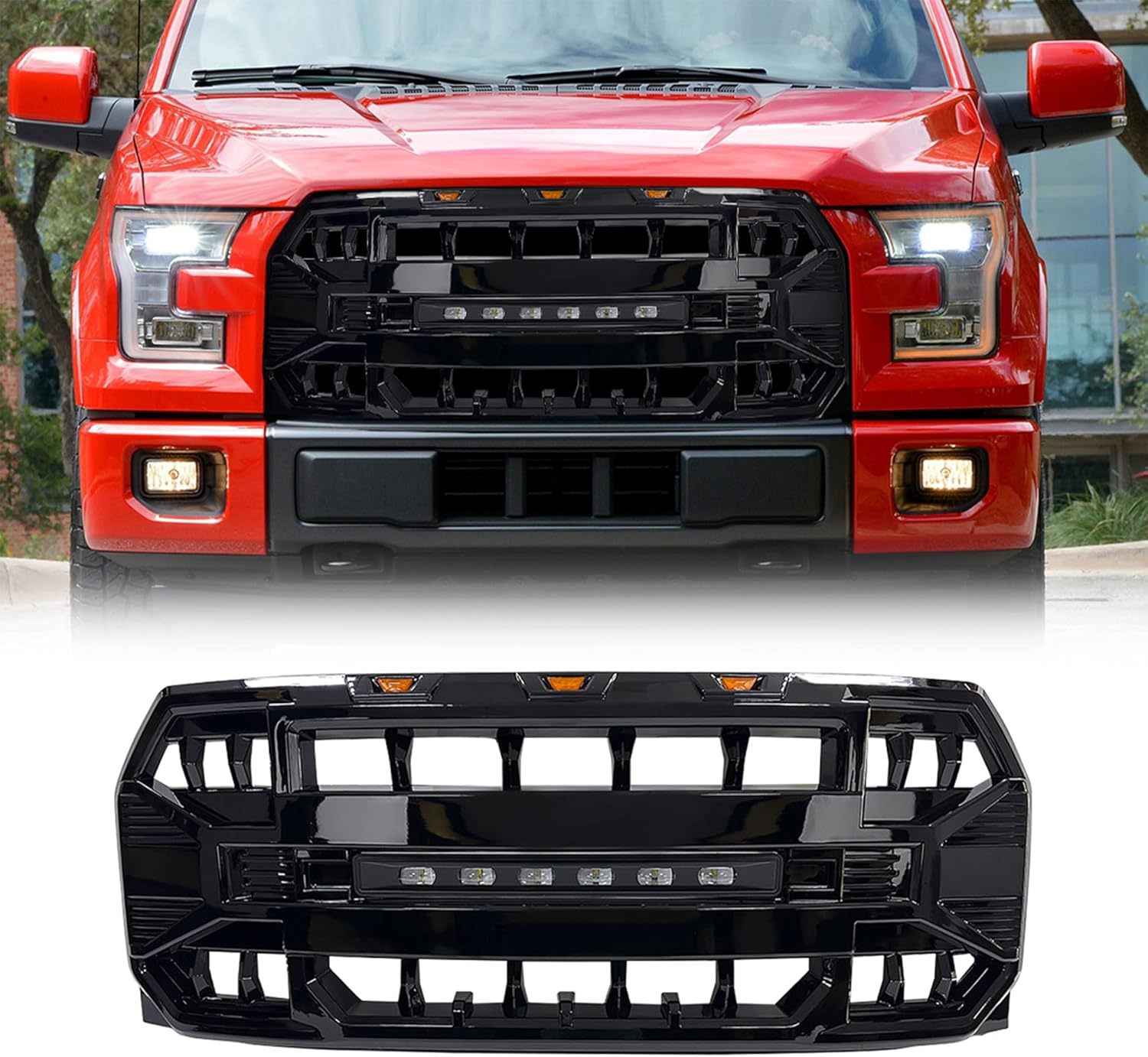 AMERICAN MODIFIED Direct Fit Replacement Front Armor Grille Compatible with 2015 to 2017 Ford F150 with Off-Road LED Light Bar, Glossy Black