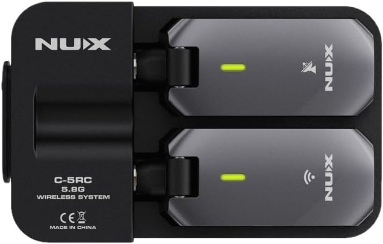 NUX Guitar Wireless System (C-5RC 5.8GHz) for Active/Passive Pickup Guitar with Charging Case Bundle with 2x Strukture S6P48 Woven Right Angle Patch Cables, 12x Fender Guitar Picks & Polishing Cloth