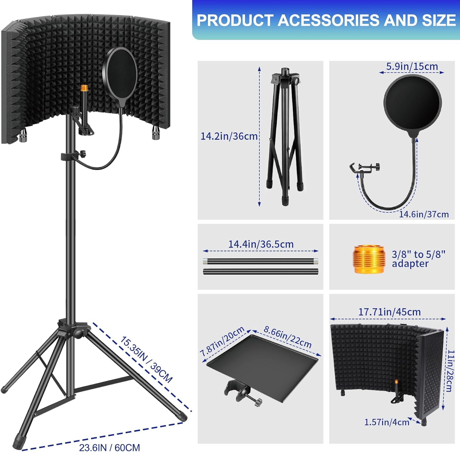 Dmsky Microphone Isolation Shield with Pop Filter & Tripod Stand, Foldable Mic Shield with Triple Sound Insulation, High Density Mic Sound Shield for Recording Studio, Podcasts, Singing, Broadcasting
