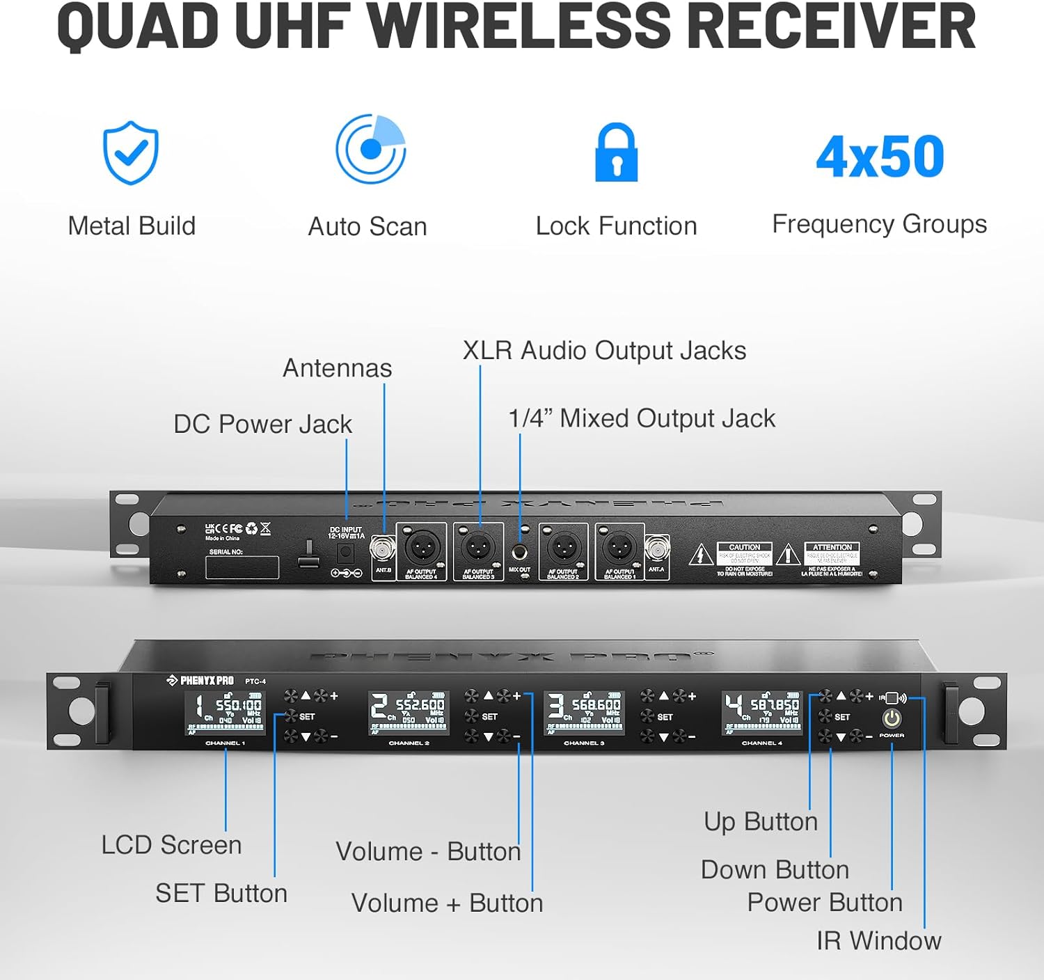 Phenyx Pro Wireless Conference Microphone System, Quad Channel Wireless Podium Microphone, 4x50 UHF Frequencies, Auto Scan, 4 Gooseneck Mics for Lecture, Church, Conference, Public Speaking (PTC-4)