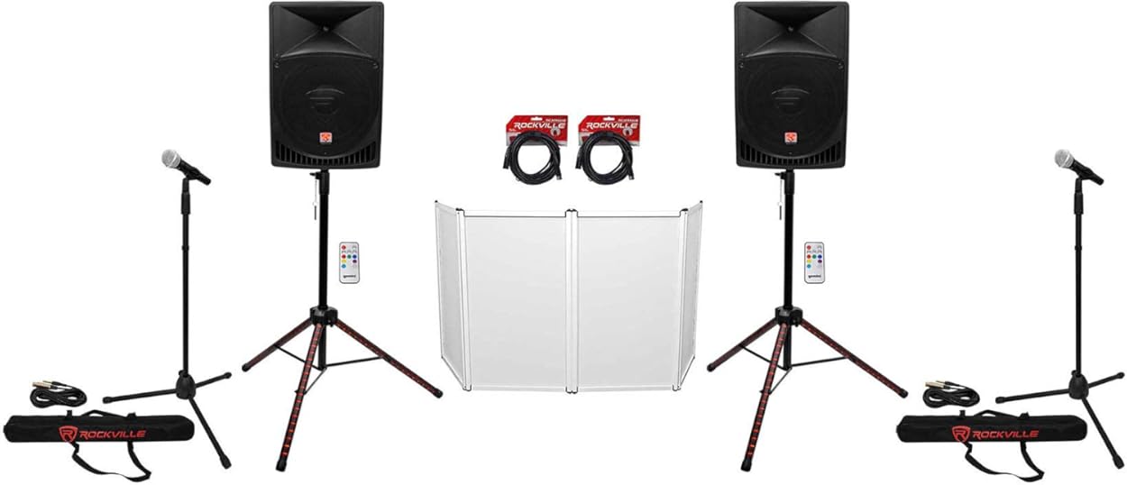 (2) Rockville RPG15 1,000W Speakers Bundle with Rockville RFAAW DJ Event Facade, (2) Rockville RCXFM20E-B Mic Cables, (2) Rockville Pro MIc Kit 1 Mic & 2 Rockville Party Stands Speaker (5 Items)