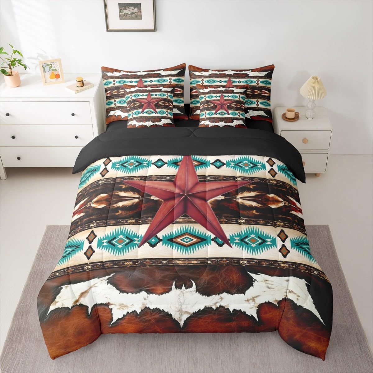 Feelyou Vintage Western Texas Star Print Queen Comforter Set with Sheets Cowhide Cow Print Retro Fur 7 Pieces Bedding Set Boho Rustic Farmhouse Bed in a Bag Exotic Geometric Room Decor Southwest Aztec