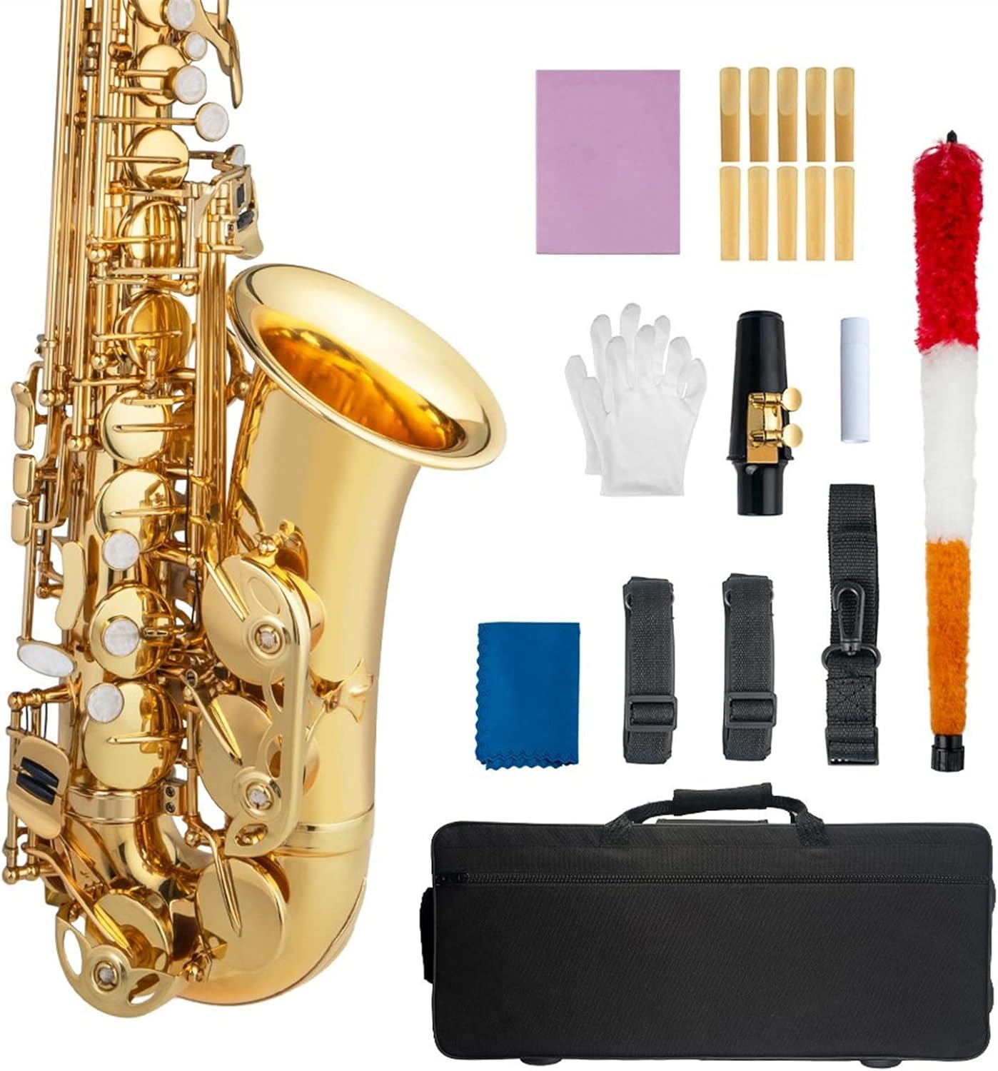 Sax Beginners Kit New Alto EB Tune Saxophone Brass Gold Lacquer Sax with Case Mouthpiece 2. 5 Alto Saxophone Reeds Cork Strap Brush Gloves Case Wind Instrument