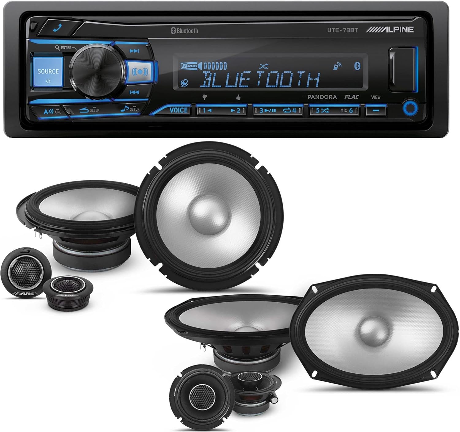 Alpine UTE-73BT Mech-Less Digital Bluetooth Media Receiver with 1 Pair Alpine S2-S65C Type S 6.5