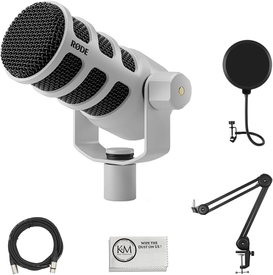 Rode PodMic USB and XLR Dynamic Broadcast Microphone | White Bundle with Microphone Arm + 20ft XLR Cable + Pop Filter + Cleaning Cloth (5 Items)
