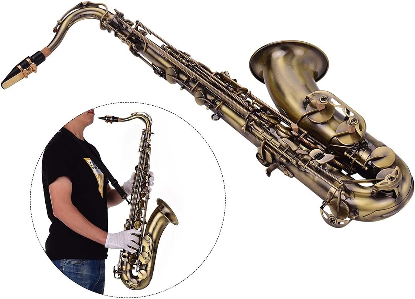 Bb Tenor Saxophone Sax Brass Body White Shell Keys Woodwind Instrument with Carry Case Cleaning Cloth Student Saxophone