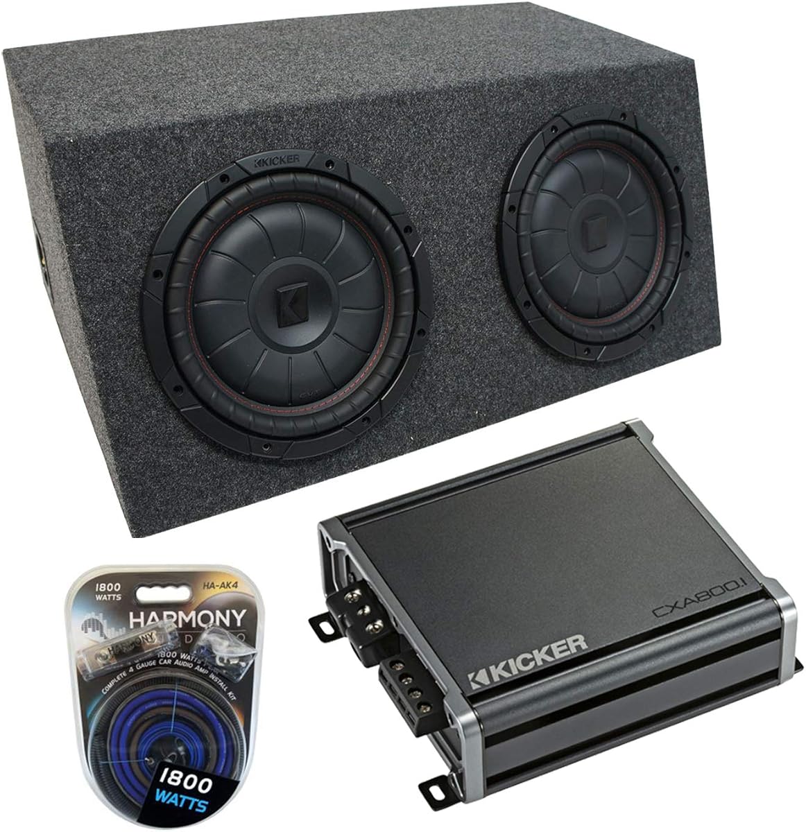 Harmony Audio HA-AK4 Universal Car Stereo Complete 4 Gauge 1800W Amp Install Kit, 43CVT104 10-inch CompVT CVT10 350W RMS 4-Ohm SVC Sub and 46CXA8001 Class D Mono 1600W Peak Sub Amplifier