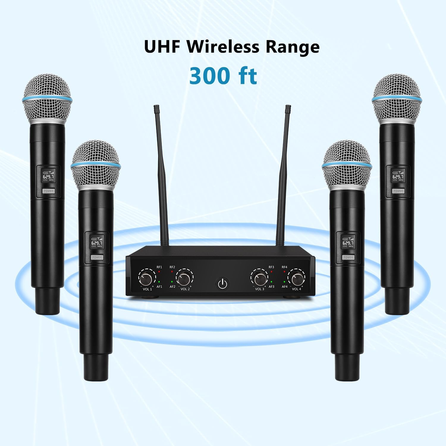 Pro Wireless Microphone System, 4-Channel UHF Wireless Mic, Cordless Mic with 4 Handheld Dynamic Microphones, 260ft Range, Microphone for Singing,Church,Karaoke,Party (410U-4 Handheld)