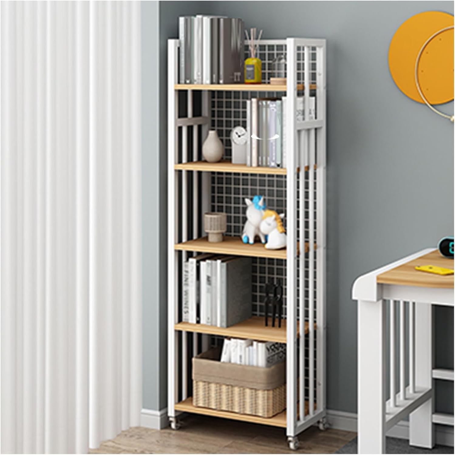 5 Cube Bookshelf,Home Multi-Layer Side Table with Wheels,for Living Room,Study Room,Reading Corner (44.5 X 22 X 150 Cm)(Black+Black) (White+Light Walnut One Size)