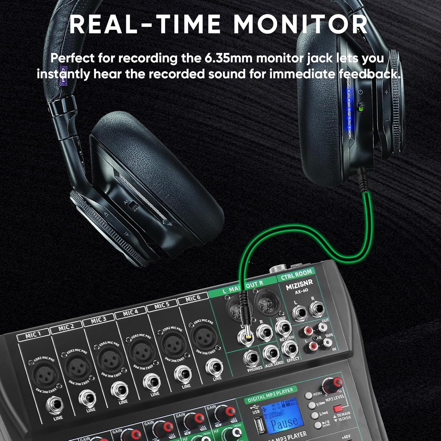 6 Channel Audio Mixer, Professional DJ Mixer Board Sound Music Mixing Console Digital Mixer with Reverb, Bluetooth, USB Port, 48V Phantom Power for Recording Karaoke Podcasting