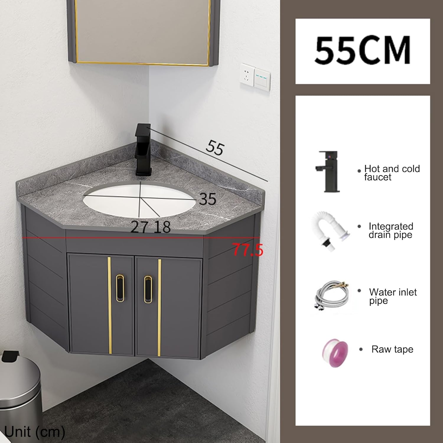 Bathroom Vanity Cabinet,Small Wall Mount Corner Sink,Bathroom Vanity w/Rock Board Top,Bathroom Ceramic Triangle Wall Mounted Mini Vanity Space Sink with Soft-Close System and Black Faucet(Gray)